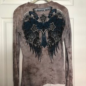 Sinful brand Shirt with Rhinestone cross and wings